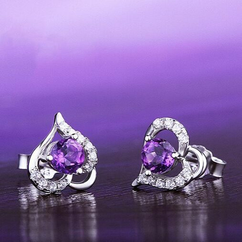 Womens Girls 925 Sterling Silver Purple Crystal Heart Stud Earrings Jewellery