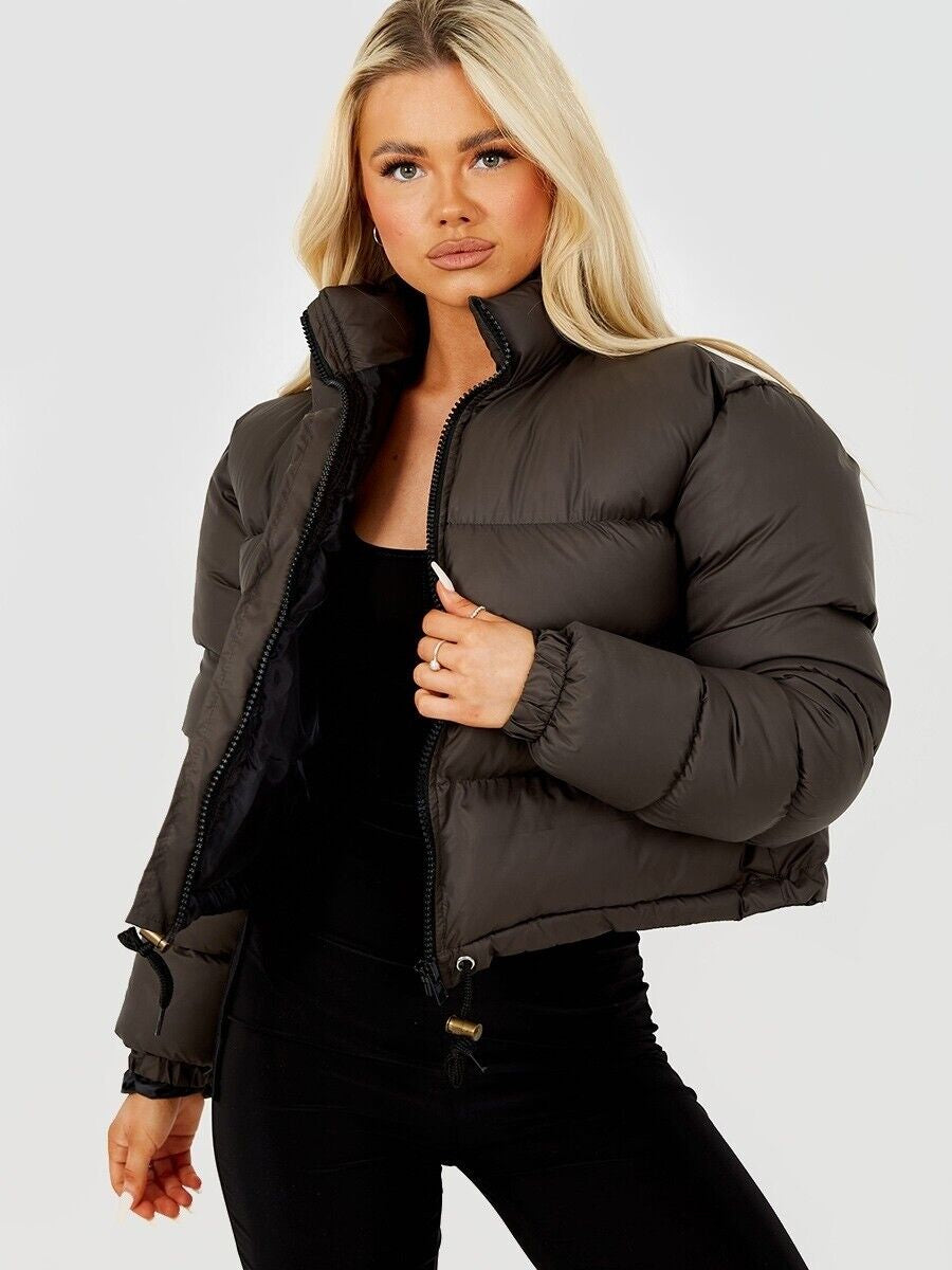 WOMENS LADIES QUILTED WINTER COAT THICK PUFFER PADDED CROP HOODED JACKET PARKA