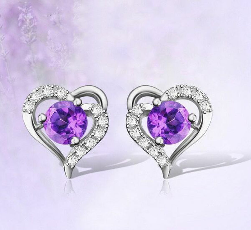 Womens Girls 925 Sterling Silver Purple Crystal Heart Stud Earrings Jewellery