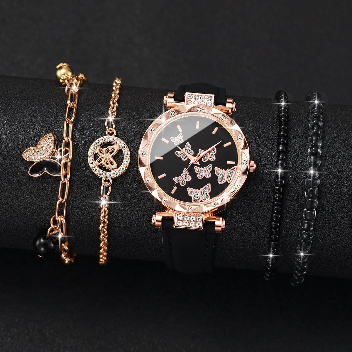 5PCs/Set Fashion Women Butterfly Watch With Bracelet Set Casual Leather Strap Quartz Watch