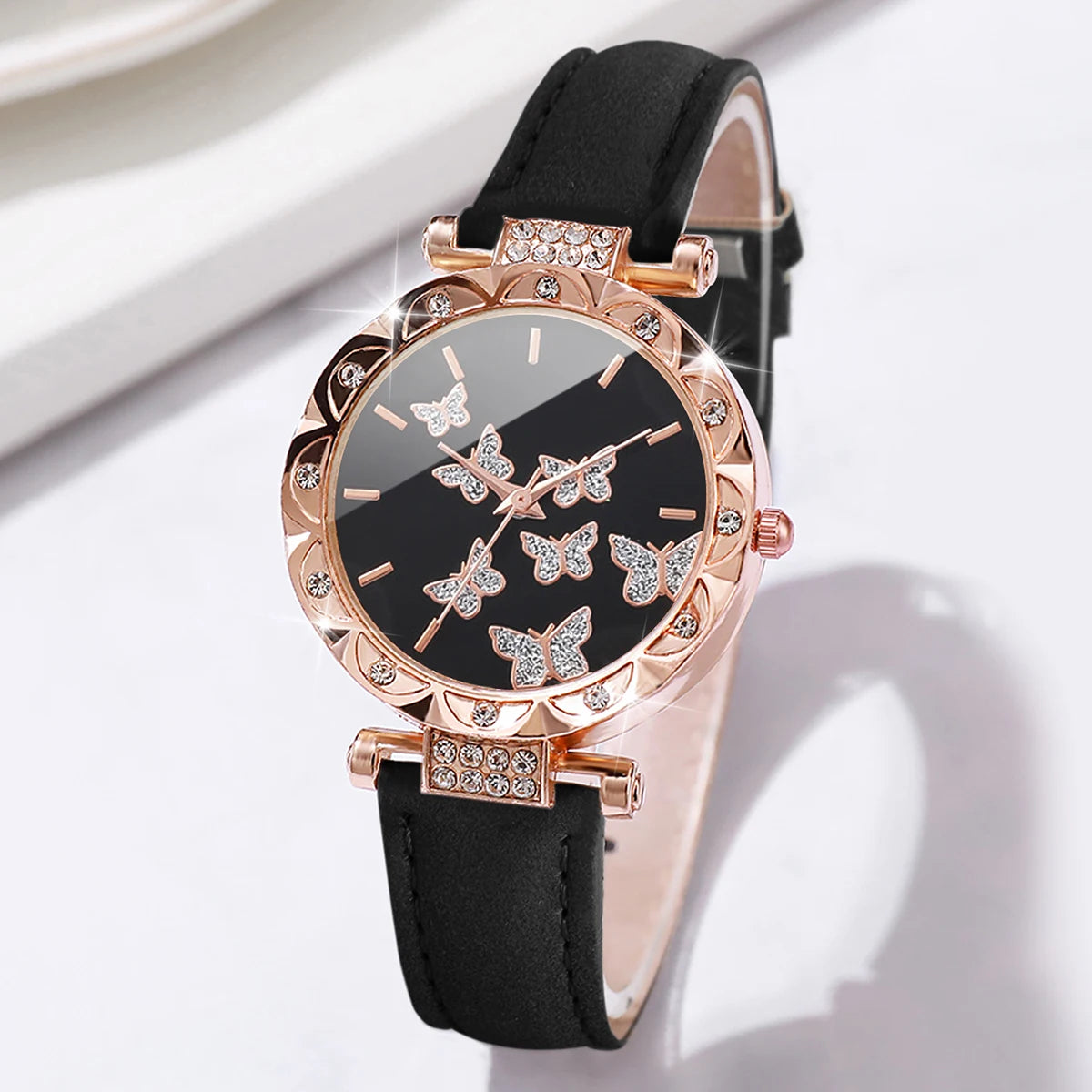 5PCs/Set Fashion Women Butterfly Watch With Bracelet Set Casual Leather Strap Quartz Watch