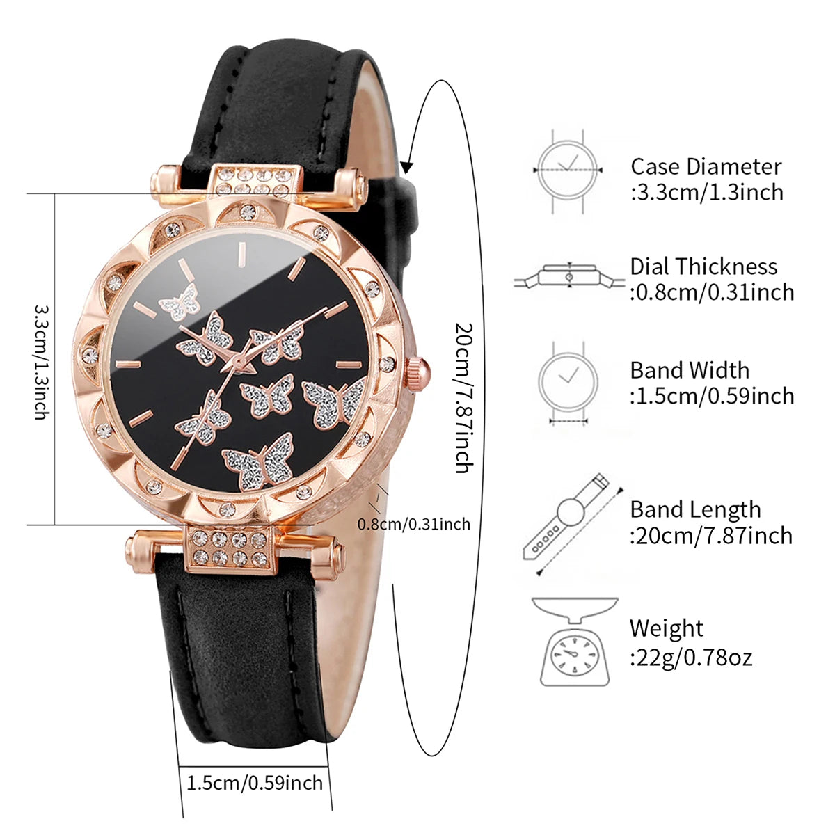 5PCs/Set Fashion Women Butterfly Watch With Bracelet Set Casual Leather Strap Quartz Watch