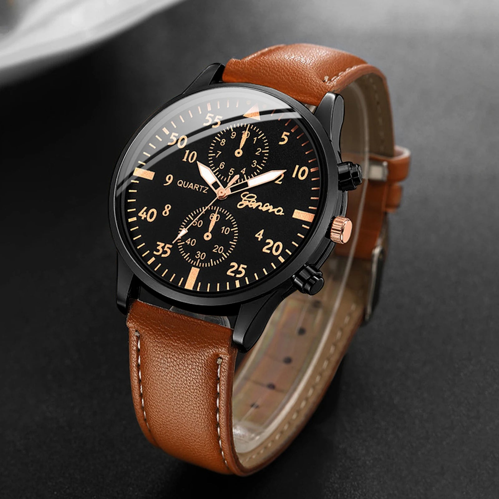 Men's Watches Casual Leather Band Quartz Watch with Vintage Bracelet