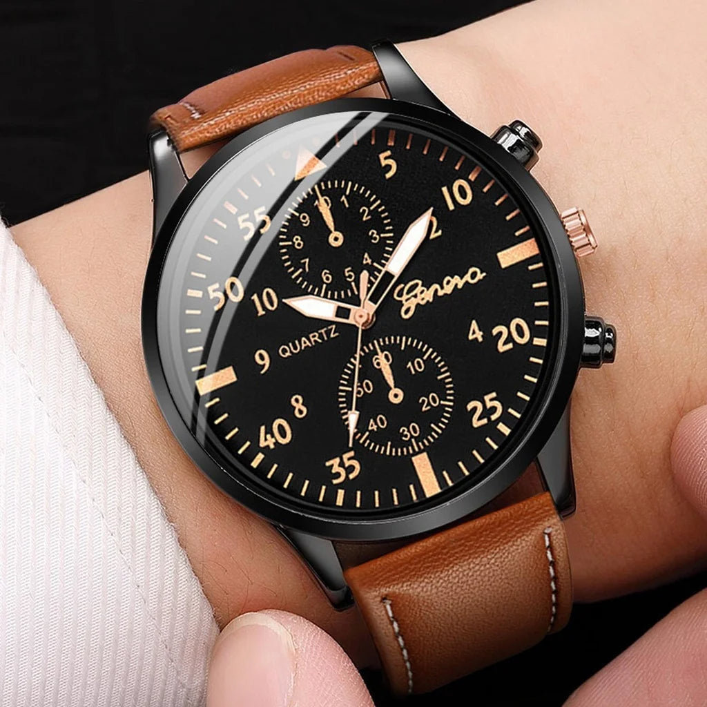 Men's Watches Casual Leather Band Quartz Watch with Vintage Bracelet