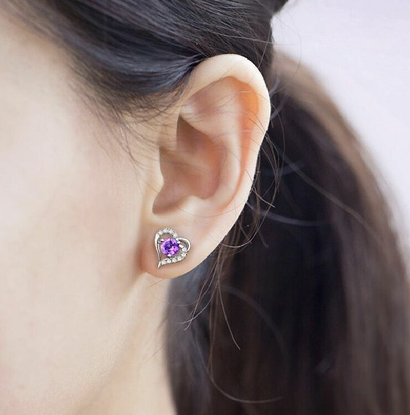 Womens Girls 925 Sterling Silver Purple Crystal Heart Stud Earrings Jewellery